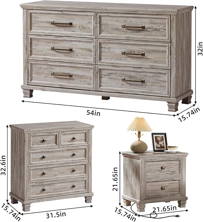 Farmhouse Bedroom Dresser and Nightstand Set of 4, 6 Drawer Low & 5 Drawers Dresser & 2 Drawer Nightstand Set, Rustic Wood Furniture Set for Bedroom, Hallway, Grey