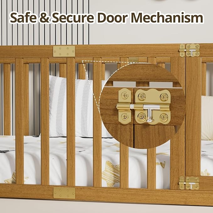 LLS Twin Size Floor Bed with 21.6" High Fence for Kids Boys Girls, Solid Wood Multifunctional Montessori Bed Frame with Door, Without Slats, Light Espresso