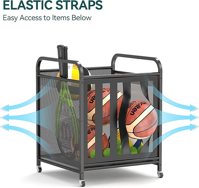 niffgaff Large Rolling Ball Storage Cart – Metal Ball Bin with Lockable Wheels and Elastic Straps, Holds Basketballs, Soccer Balls, Toys and Sports Equipment, Indoor & Outdoor Organizer – Black