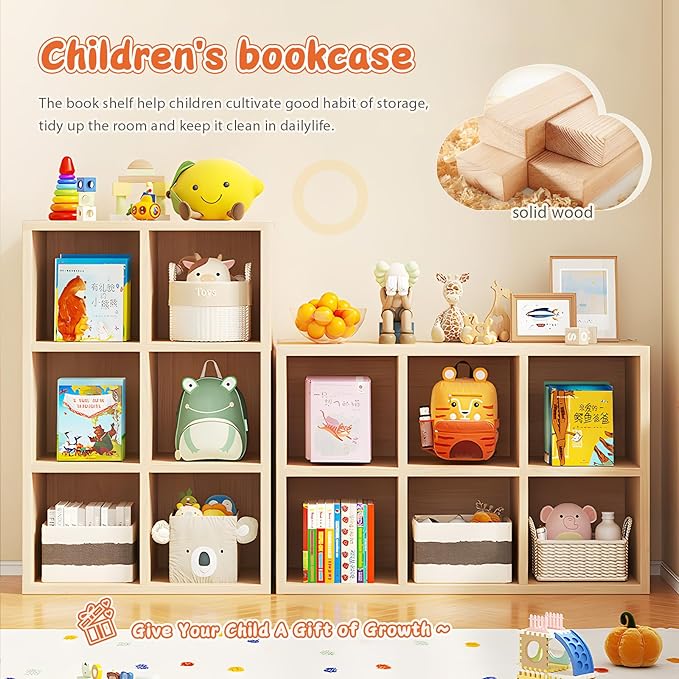 8 Cube Storage Organizer, Cubby Storage Organizer, Cube Shelf with Back Plate, Wooden Kids Bookcase for Toy, Solid Wood Cube Storage for Living Room/Bedroom/Hallway/School, Easy to Install
