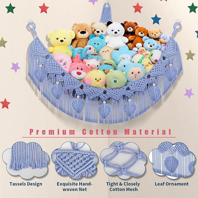 Stuffed Animal Hammock Corner, 56'' Jumbo Boho Macrame Leaf Wall Hanging Toy Hammock Net Organizer for Stuffy Plushie, Cornflower Blue Stuffed Animal Net w/Star Light for Kid Girls Boys Gift