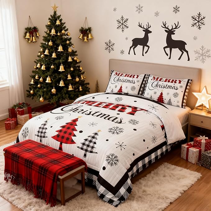 Merry Christmas New Year Kids Comforter Set Twin Size,Snowflake Pine Trees Bedding,Girls Boys Adults Bedroom/Xmas Cabin Decor,Grids Geometric Fashion Down Comforter,Rustic Duvet Insert,1 Pillowcase