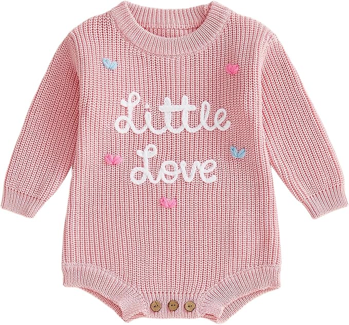 Lesimsam Newborn Baby Boy Girl Valentines Day Outfit Oversized Embroidery Long Sleeve Knit Sweater Bubble Romper Bodysuit