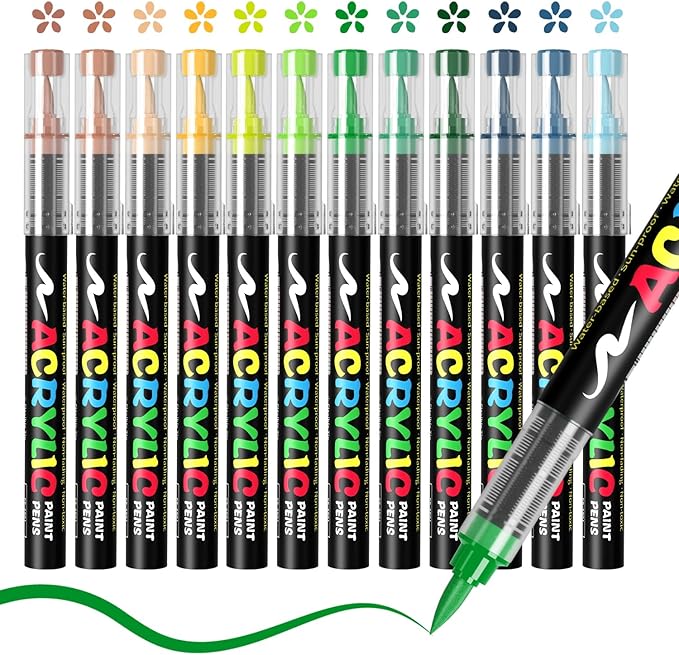 Paint Pens Acrylic Markers - 12 Earth Tone Brush Tip Water Based Marker Pens for Rock Painting, Wood, Ceramic, Glass, Acrylic Paint Markers for Egg Pumpkin