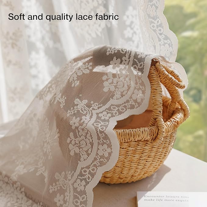 Anmao Vintage Lace Curtains 72 Inches Long 2 Panels Set, Romantic Elegant Light Filtering Semi Sheer Floral Thick Lacy Curtain Drapes for Living Room and Bedroom, Each Panel 55W x 72L, Beige Plum