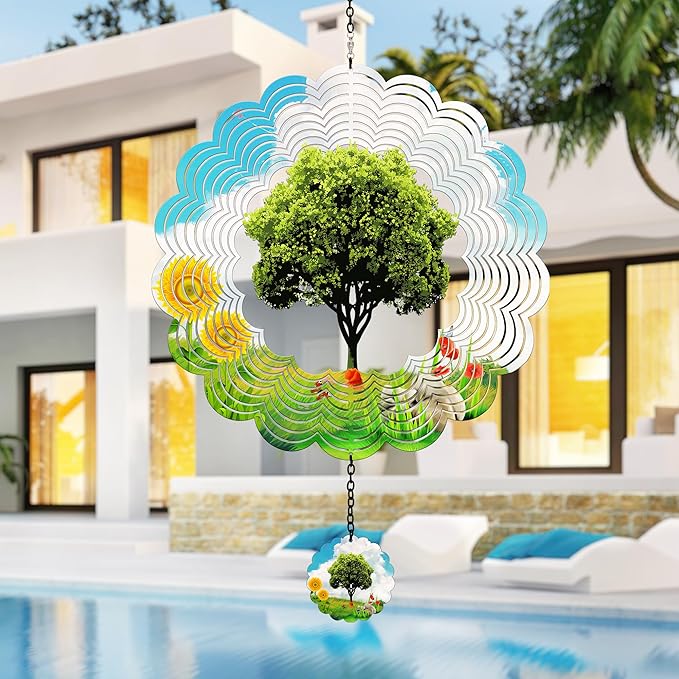 J-Fly Hanging Decor Outdoor,Outdoor Garden Decor, Wind Spinners Outdoor Colorful Green Tree Hanging Decor,Ornaments Kinetic Yard Art, for Women-Big Green Tree Wind Spinners.
