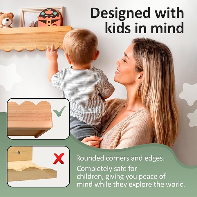 Set of 2 Pre-Assembled Floating Nursery Book Shelves, Scalloped Book Shelf - Kids Wall Bookshelf, Nursery Decor, Floating Shelves for Wall (24 inches)