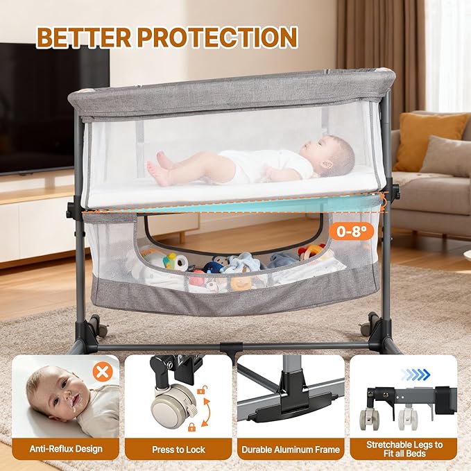 Baby Bassinet Bedside Sleeper, 3-in-1 Bedside Bassinet, 5 Height Adjustable Rocking Baby Crib, Breathable Full Mesh, Mosquito Net, Storage Basket, Stable and Secure Bassinets for Newborn Infant