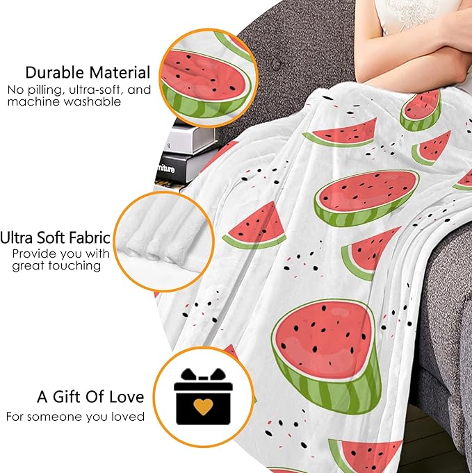 Thuswarm Watercolor Watermelon Fruit Print Flannel Throw Blanket Warm Cozy Soft Funny Print Blankets for Bed Couch Sofa Room Decoration Gifts 50”×40” Small for Kid