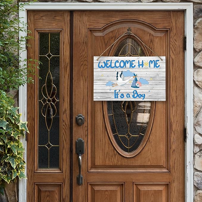 Welcome Home Newborn Baby It’s a Boy Wooden Door Sign, Baby Boy Signs for Door, Welcome Sign Décor for Front Door & Nursery, Hanging Newborn Announcement Plaque