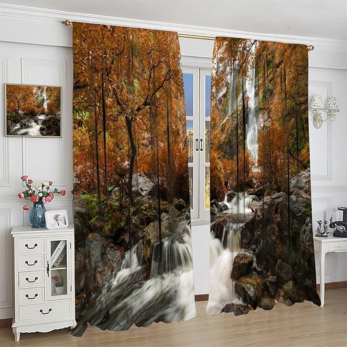 Forest Waterfall Blackout Curtains, Autumn Jungle Mountains Fall Nature Landscape Window Drapes, for Bedroom Living Room 42" W X 54" L