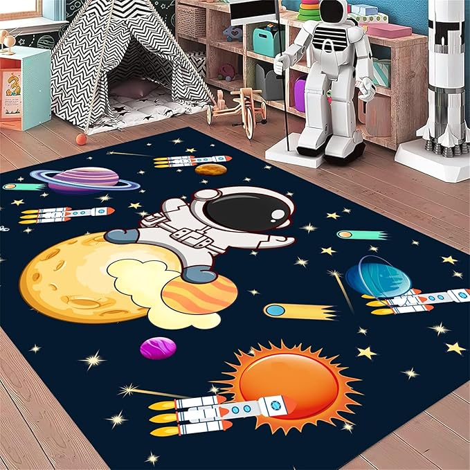 3x5ft Kids Space Themed Area Rug - with Spaceman, Rocket and Planet Design, Non-Slip Washable, Easy Care Rug, Suitable for Kids Playroom, Boys and Girls Room Decor