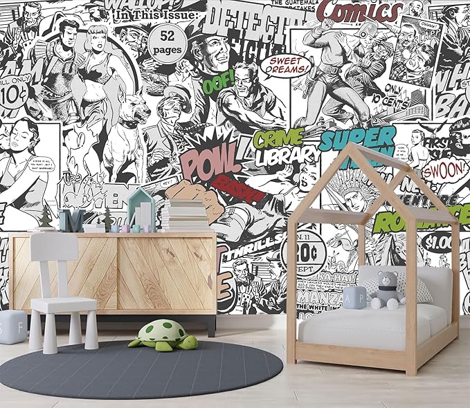 XMPMBM-Cartoon Hand-Painted Comics Nursery Room Fabric Wallpaper Kids Gaming Room Graffiti Bedroom Wall Mural-W 132" X H 92"（93 Square Foot）