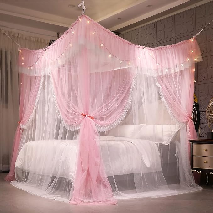 VETHIN 4 Corners Post Ruffle Princess Bed Canopy Curtain-Double Layer Cozy Drape Netting 4 Opening Mosquito Net for Girls Adults Bedroom Decoration (Pink/Whtie,64" W*82" L*82"*H/Queen)