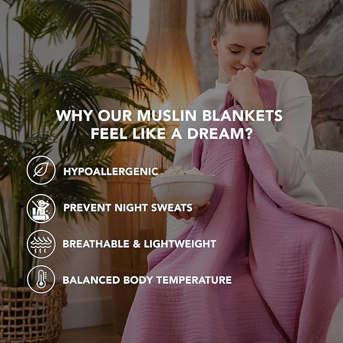 Goqan Throw Blanket 55x60 – 100% Cotton 4 Layer Boho Muslin Blanket for Adults, Lightweight, Soft, Breathable for Bed, Couch, Picnic - Pink