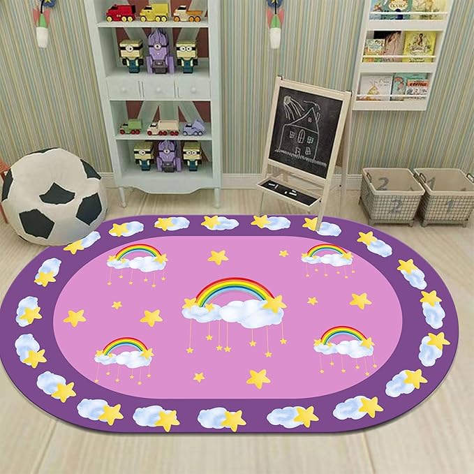 Rainbow Stars Kids Rug, 3x4ft, White Clouds Yellow Stars Pattern Oval Rug, Cute Soft Indoor Carpet for Girls Bedroom, Non-Slip Washable Low Pile Floor Mats for Classroom Nursery Playroom