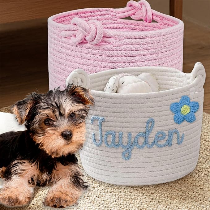 Personalized Dog Toy Basket - Custom Storage Box With Pet's Name, Rope Woven Organizer With Handles, Cute Bin for Cats and Dogs - Grey