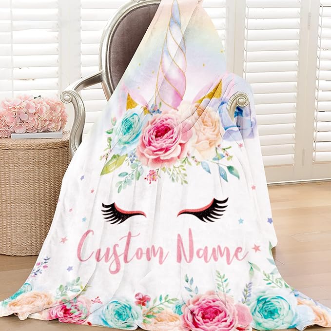Personalized Unicorn Blanket with Name for Girl, Custom Name Blanket for Teen, Soft Flannel Pink Unicorn Toddler Blanket Customized Gift for Birthday 50''x60''