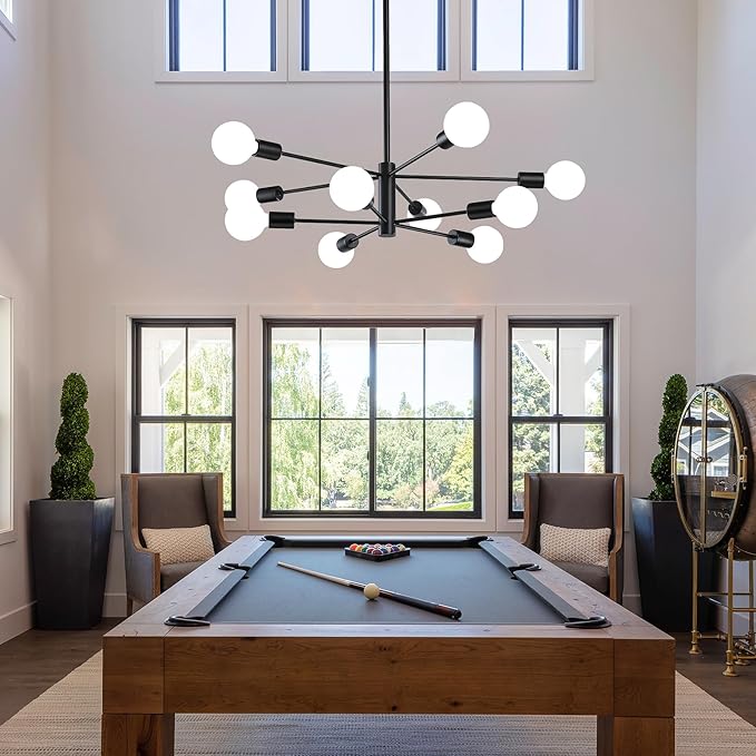 Modern Sputnik Chandeliers Light, 10-Light Black Chandeliers for Dining Room, E26 Height Adjustable Chandelier Ceiling Lighting Fixture for Farmhouse Kitchen Island Living Room Foyer