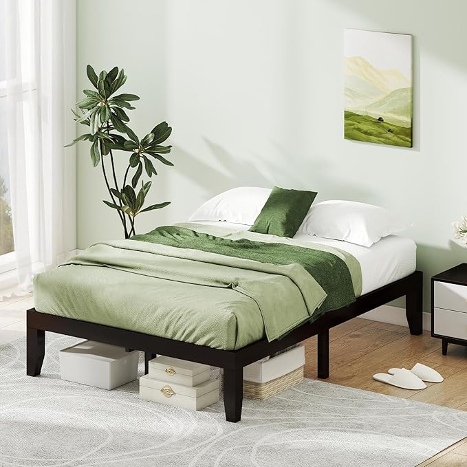 KOMFOTT 14 Inches Wood Platform Bed Frame Full Size, Wooden Mattress Foundation with Rubber Wood Frame, Strong Wooden Slat Support, No Box Spring Needed, Bed Frame (Dark Brown)