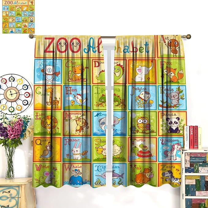 Alphabet Curtains Kids Educational Learning Tool Baby Cartoon Animals Colorful Curtain with Rod Pocket for Bedroom Living Room Decor Drapes Window Treatments 2 Panels Set 55" W X 63" L