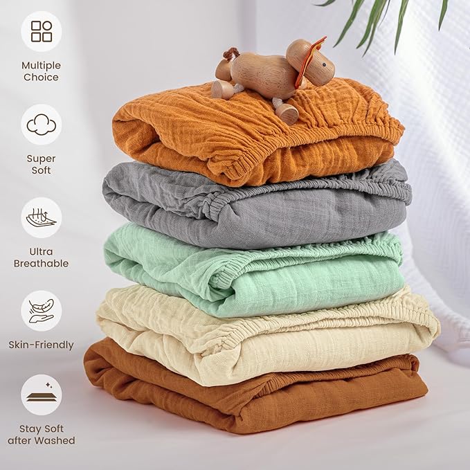 david's kids Muslin Mini Crib Sheets, 2 Pack Cotton Pack N Play Sheets for Boys Girls Neutral, Soft Breathable Baby Sheets Fit Pack N Play, Playard and Mini Crib Mattresses, Beige & Green