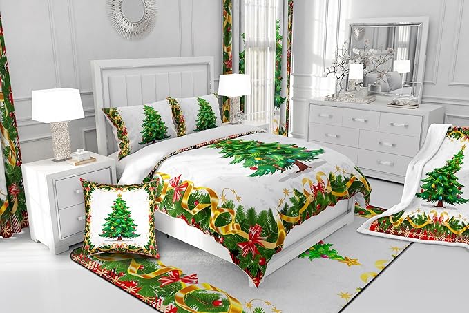 Christmas Tree Comforter Set King Size,Merry Christmas Duvet Insert for Kids Boys Girls Room Decor,Snowflake Bowknot Green Pine Leaves Bedding Set 3Pcs,Xmas Plaid Patchwork Quilt Set,2 Pillowcases