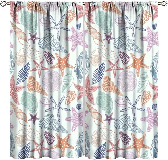 Coastal Nautical Curtains,Colorful Starfish Seashell Beach Sea Starfish Seashell Theme Pattern Blackout Print Home Bedroom Living Room Window Treatmen 2 Panel Set 42x63 Inch