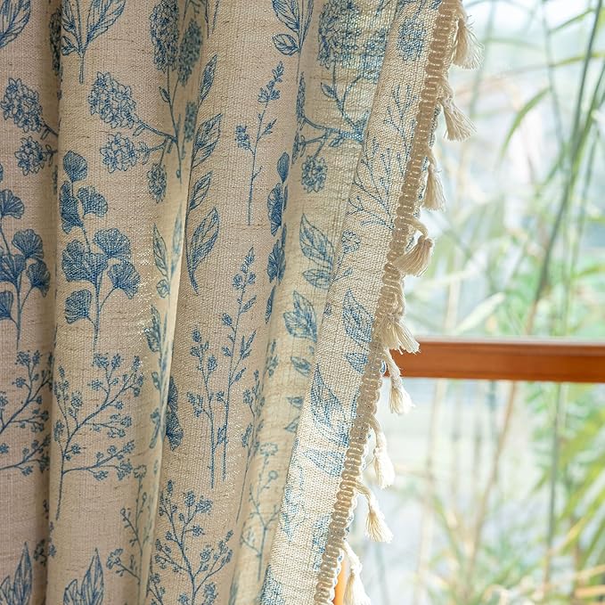 ENJOYBRIDAL Blue Floral Curtains 96 Inches Long 2 Panels Semi Sheer Living Room Drapes Boho Aesthetic Bedroom Farmhouse Window Curtain Panels Tassel Decorative Rod Pocket Window Treatments