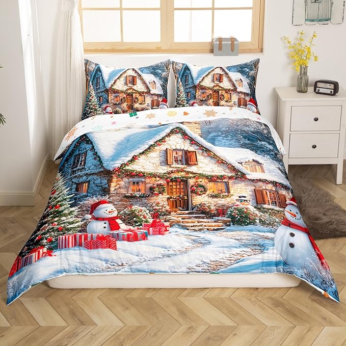 Manfei Christmas Duvet Cover Set Twin Size, Winter Snow Scenery Bedding Set for Kids Boys Girls Room Decor, Western New Year Comforter Cover, Soft Polyester Quilt Cover, 1 Pillowcase, No Comforter