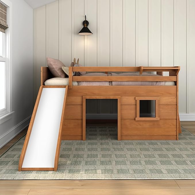 Max & Lily Loft Bed Twin Size, Solid Wood Low Loft Bed with Slide and Ladder, Modern Farmhouse Loft Bed for Kids, Farmhouse Pecan