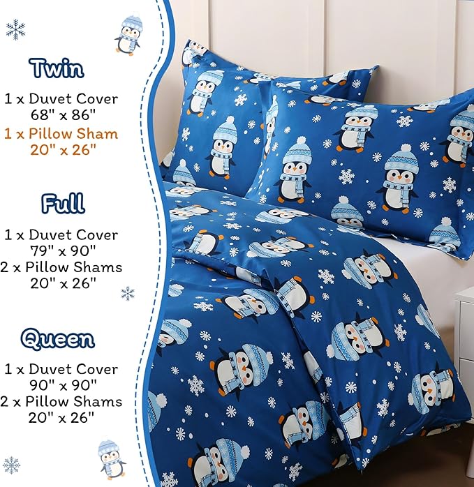 JSD Penguin Snowflakes Kids Christmas Duvet Cover Set Full Size, 3 Piece Xmas Comforter Cover with Pillow Sham Zipper Closure, Comforter Not Included
