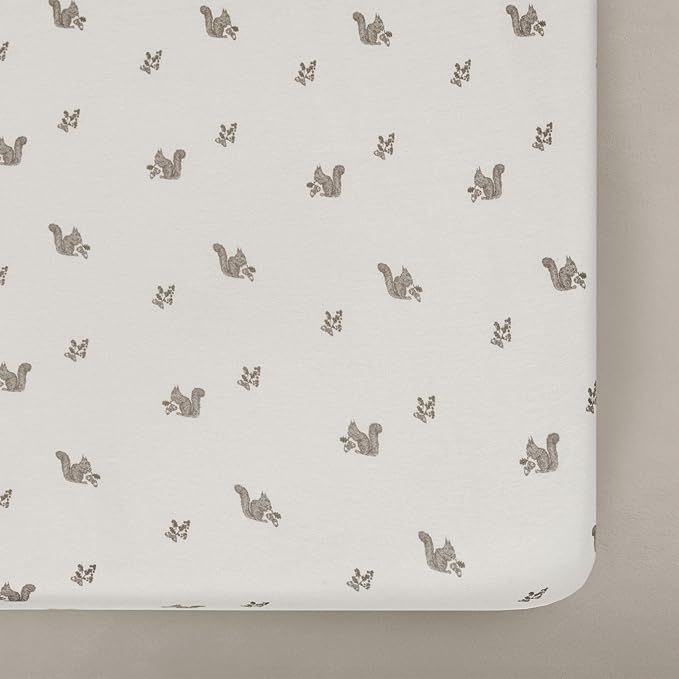 Oilo Crib Sheet, Breathable, Fitted, Organic Cotton Jersey, 300-Thread, Machine Wash, Fits Standard Crib (28" x 52" x 6"), Toddler Bedding, Heirloom Organic Collection, Squirrel