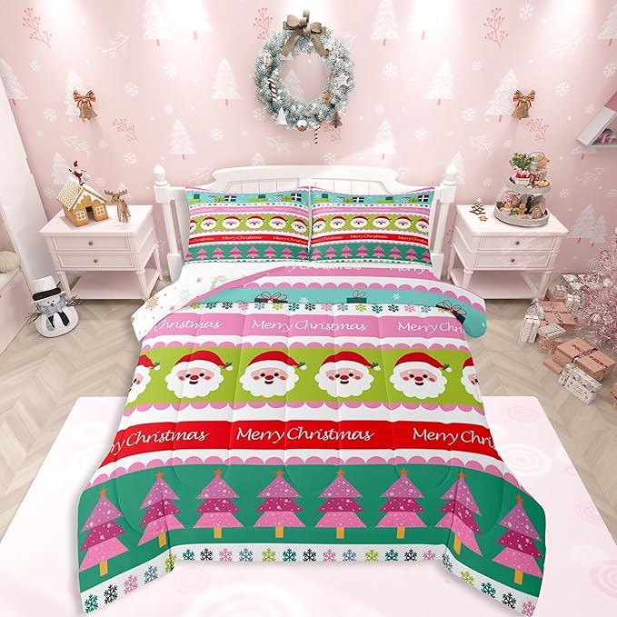 Feelyou Merry Christmas Comforter Set King Size Santa Claus Bedding Set for Kids Boys Girls Xmas Tree Snowflake Duvet Quilt Striped Bedroom Decor Microfiber 3 Pcs with 2 Pillow Cases