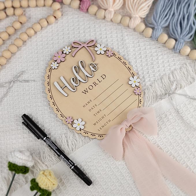 Baby Announcement Sign with Stand & Marker – Hello World Wooden Name Plaque for Newborn Photoshoot, Baby Shower, Rustic Keepsake Birth Stat Sign for Hospital Birth Announcement (Light pink ribbon)