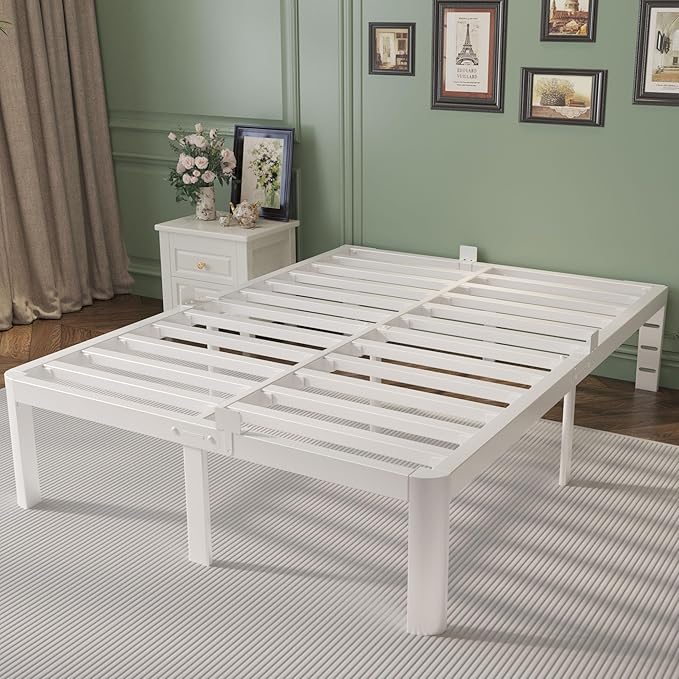 King Size Bed Frame 14 Inch, White King Bed Frame with Metal Baffles, No Box Spring Needed, Heavy Duty Steel Platform Support, Round Corner Legs, Reserved Holes, Storage Space, Noiseless