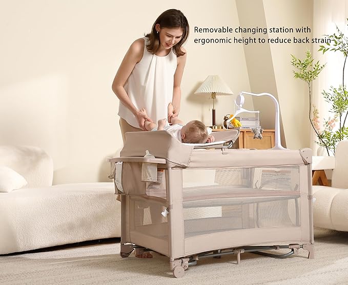 Pack and Play, 5 in 1 Baby Playard – Portable Crib, Bassinet, Bedside Sleeper, Changing Table & Playpen | Breathable Mesh | Safe & Foldable for Newborns to Toddlers (Beige)