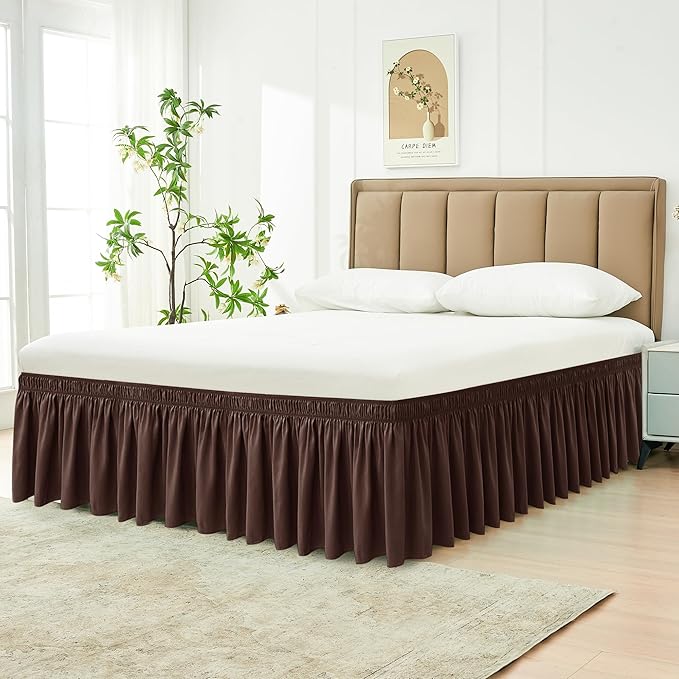 Biscaynebay Wrap Around Bed Skirts for King & Cal King Beds Short Drop of 12", Brown Adjustable Elastic Dust Ruffles Easy Fit Wrinkle Resistant Silky Luxurious Fabric Machine Washable