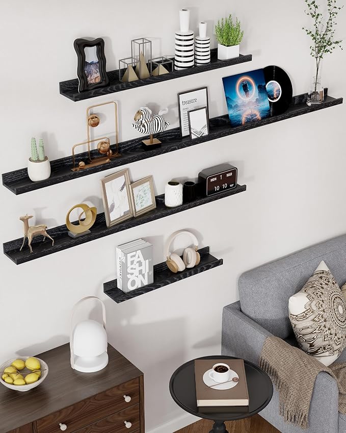 Axeman Oak Picture Ledge Shelf, 48 Inch Floating Shelves Set of 2, Solid Oak Wood Wall Shelves with Lip, Wall Decor Storage for Bedroom Living Room Bathroom Kitchen Nursery Photo Picture, Black