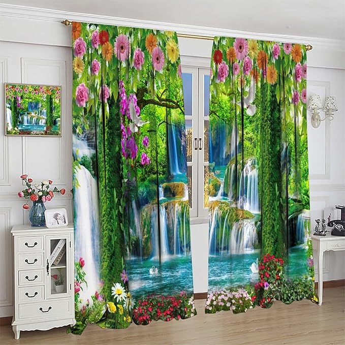 Jungle Nature Blackout Window Curtains, Trees Scenic Waterfall and River Spring Pattern Print Window Drapes, for Living Room Bedroom 72x63in 2 Panels