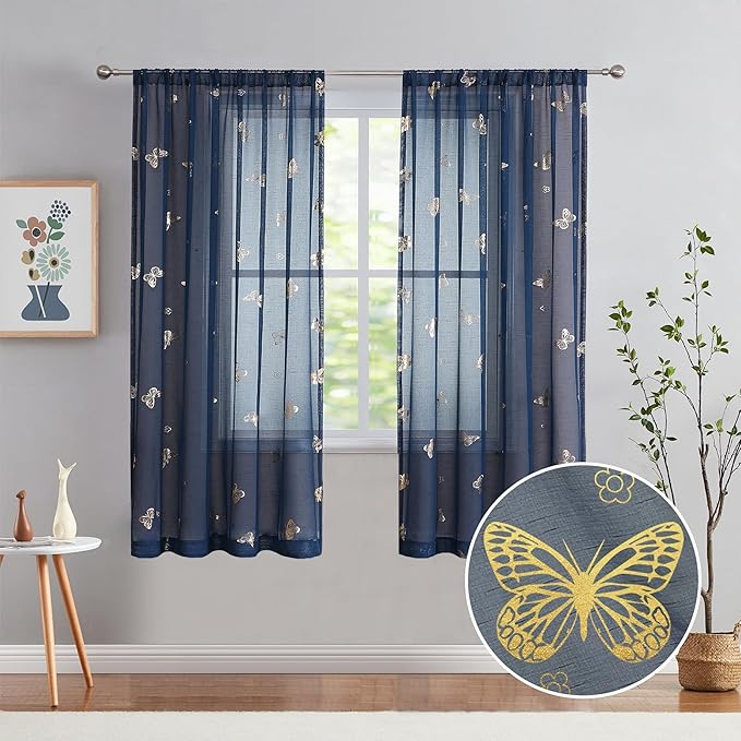 Jubilantex Butterfly Sheer Curtains Navy Blue Drapery with Gold Print Pattern 63 Inch Long, Kids Nursery Bedroom Voile Linen Textured Curtain Rod Pocket Window Drapes, 2 Panels