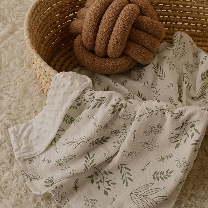 GLLQUEN BABY Blankets for Unisex Boys Girls, Muslin Cotton Front Soft and Breathable, and Dotted Fleece Backing, Printed Bed Nursery Minky Blankets for Toddler Newborn, Greenery, 30 x 40 inches
