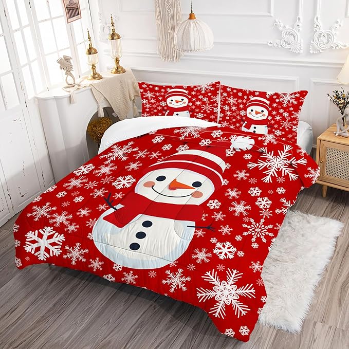 Christmas Comforter Set Queen: Christmas Snowman Red Bedding Sets for Teen Girls Women Bedroom Decor Xmas Snowflakes Quilt Winter Snow Duvet Bed Set 1 Comforter & 2 Pillowcases