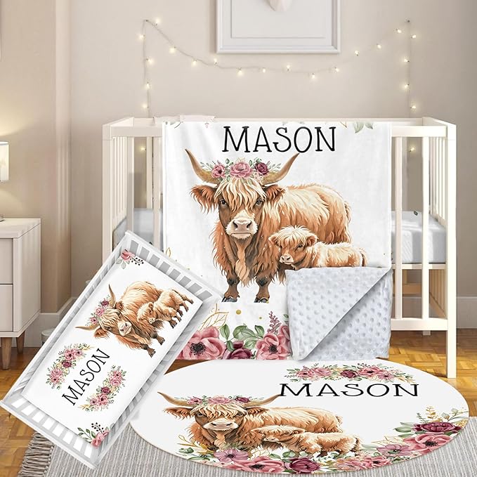 Custom Baby Crib Bedding Set, 3 Pcs Personalized Nursery Bedding Set with Name, Soft Baby Bedding Crib Sets with Blanket - Toddler Crib Sets for Girl Boy, Infant Newborn Gifts, Red Highland Cow