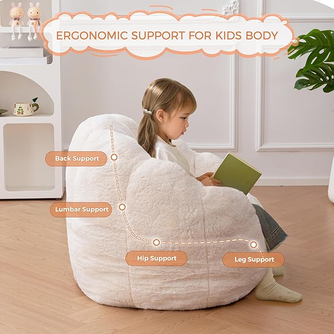 MAXYOYO Kids Bean Bag Chair, Floral Shaped Bean Bag Sofa, Plush Faux Fur Toddler Couch with Petal Backrest for Boys Girls, Stuffed Cozy Sofa for Nursery, Bedroom, Beige