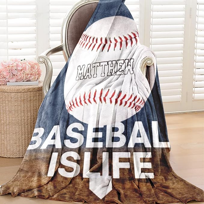 Personalized Baby Balll Soft Blanket: Custom Kids Baseball Design Blanket with Name and Number - Bedding Gifts for Infants Toddlers Adults 60x80inch