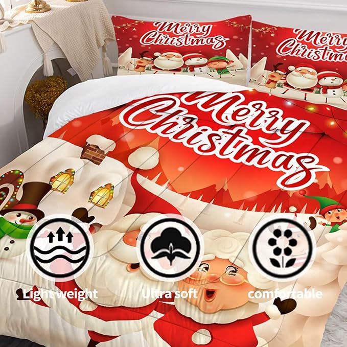 Christmas Comforter Set Queen Size Red Plaid Bedding Sets Xmas Gift Christmas Themed Festival Winter Snow Quilt Set,1 Comforter + 2 Pillow Cases