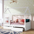 Aoowow Twin Size Kids House Bed with 2 Drawers, Wooden Twin Bed Frame with Window and Roof for Bedroom, Modern Twin Size Kid Playhouse Bed with Slats for Boys Girls, Can be Decorated, White