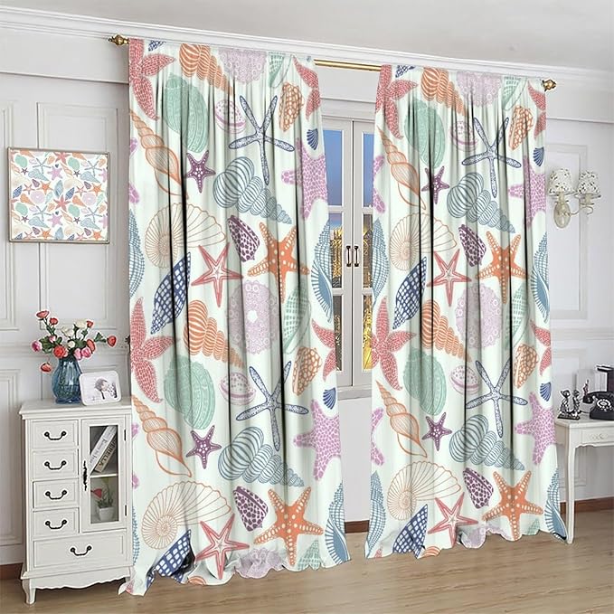 Coastal Nautical Curtains,Colorful Starfish Seashell Beach Sea Starfish Seashell Theme Pattern Blackout Print Home Bedroom Living Room Window Treatmen 2 Panel Set 84x84 Inch