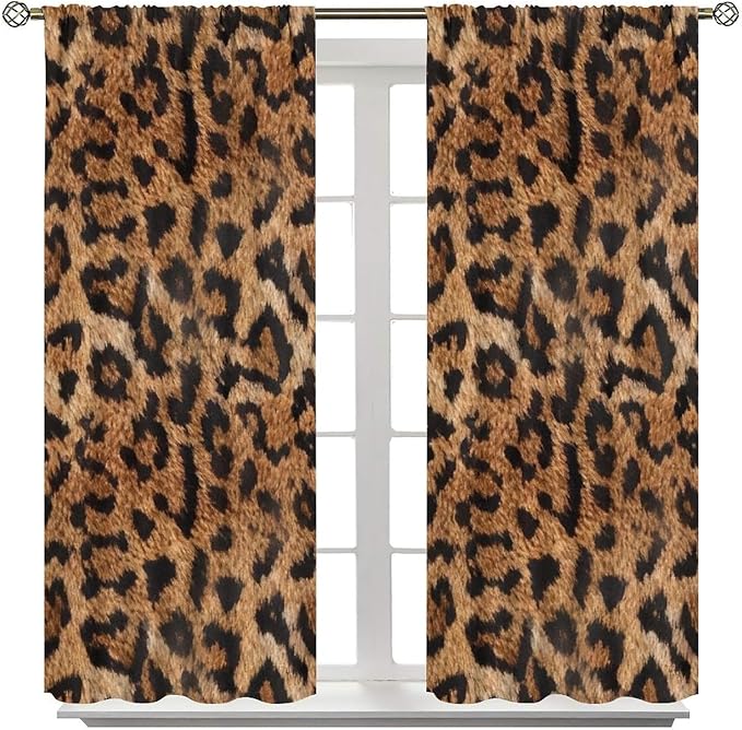 Leopard Print Window Curtains, Animal Fur Skin Brown Farmhouse Wild 3D Rustic Safari Theme Window Treatments for Kids Bedroom Living Room 42" W X 63" L
